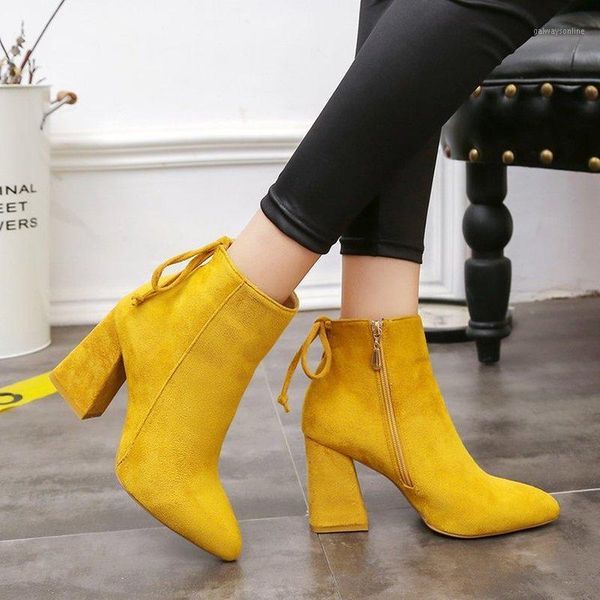 

2021 women ankle boots yellow color pointed toe zippers autumn spring women boots casual lace-up size 35-391, Black