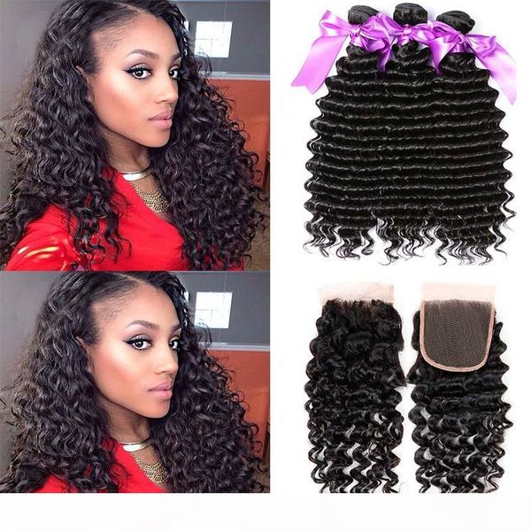 

brazilian deep wave human hair 3 bundles with closure middle 3 part double weft virgin human hair weave extensions with lace closure, Black;brown