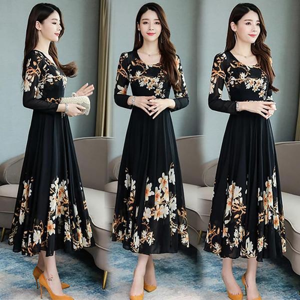 

casual dresses long-sleeved silk women's dress temperament 2021 spring and autumn floral a-line elegant fashion full england style, Black;gray