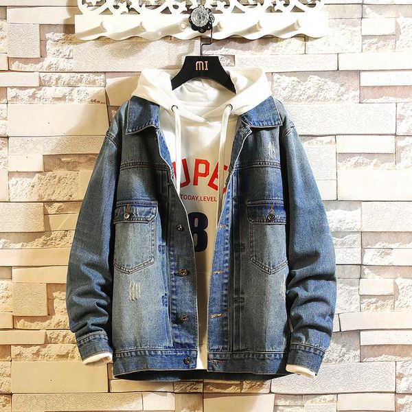 

men retro blue denim jacket coat loose jean jackets new spring autumn men casual denim coats large size m-5xl, Black;brown