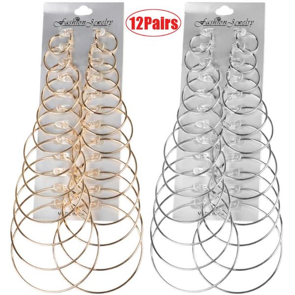 

12 pairs 6 pairs simple punk hoop earrings set big circle earrings jewelry for women girls ear hoops earring round oversized, Golden;silver