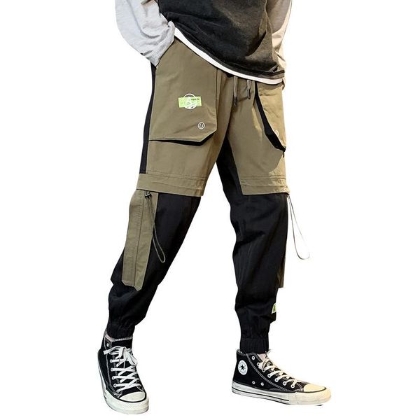 

fashion japanese streetwear joggers pants men casual cargo trousers elastic waist harem men's spliced brand sporting overalls, Black