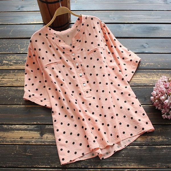 

new summer women's clothing arts loose dot v-neck short sleeve shirt, White