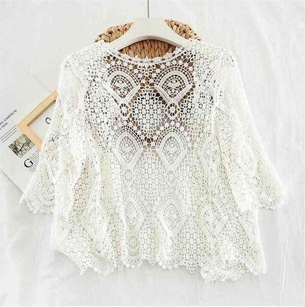 

korean knitted women bohemian style midi sleeve lace open cardigan short knitting outwear hollow out sweater pz203, White;black