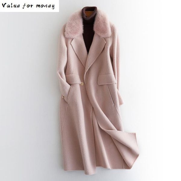 

fur mink collar real fur coat 20% alpaca 80% wool jacket autumn winter coat women clothes 2021 korean streetwear zt3152, Black