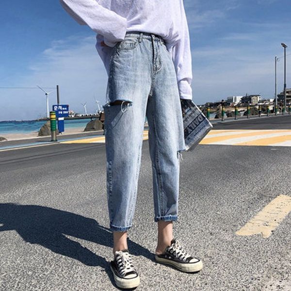 

ins hole double button jeans women's capris bf baggy daddy harem radish pants, Blue