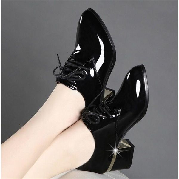 

autumn genuine leather thick high heel shoes winter inside plush women fashion patent leather pointed toe pumps 459jk t200525, Black