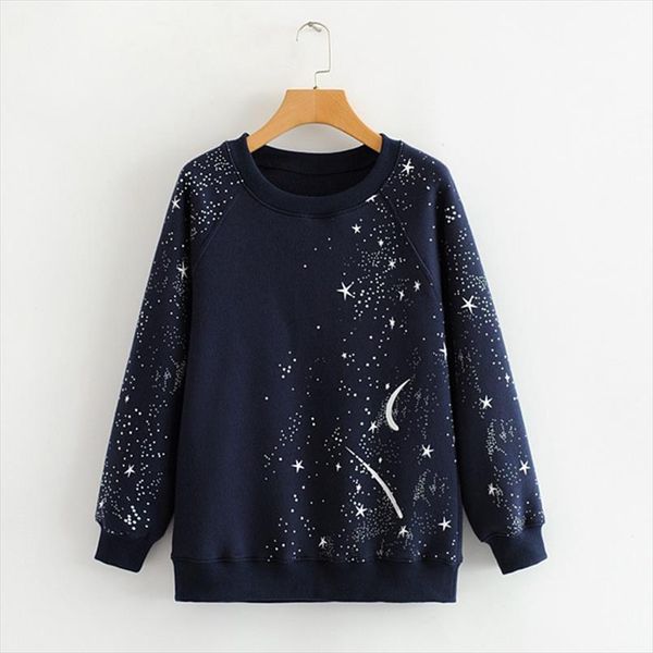 

женщина толстовка моды флис сыпучего звездное небо pattern женщины streetwear осень синяя повседневная крупногабаритные толстовки толстовка, Black