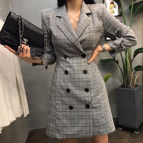 

women's suits & blazers arrival elegant double breasted long suit blazer femme autumn winter plaid ladies women coat jacket casual oute, White;black