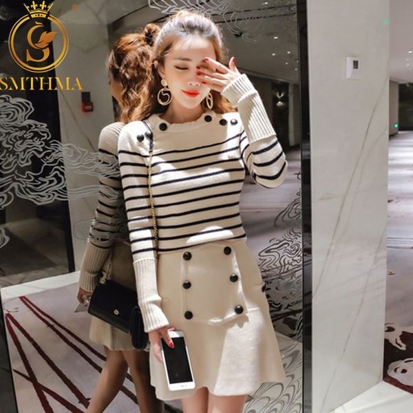 

autumn and winter knitted 2 piece set women long sleeve stripe pullover sweater +double-breasted runway knitting skirt suit y200110, White