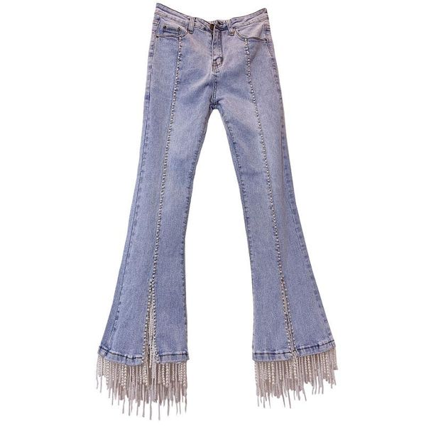 

women's jeans 2021 trendy beading rhinestone cotton stretch jean pants women slim fit pearls chain dangle tassels decoration flare deni, Blue