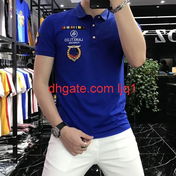 

2021 summer new short sleeve t-shirt men's polo shirt men's lapel personality trend slim fit net red badge embroidery, White;black
