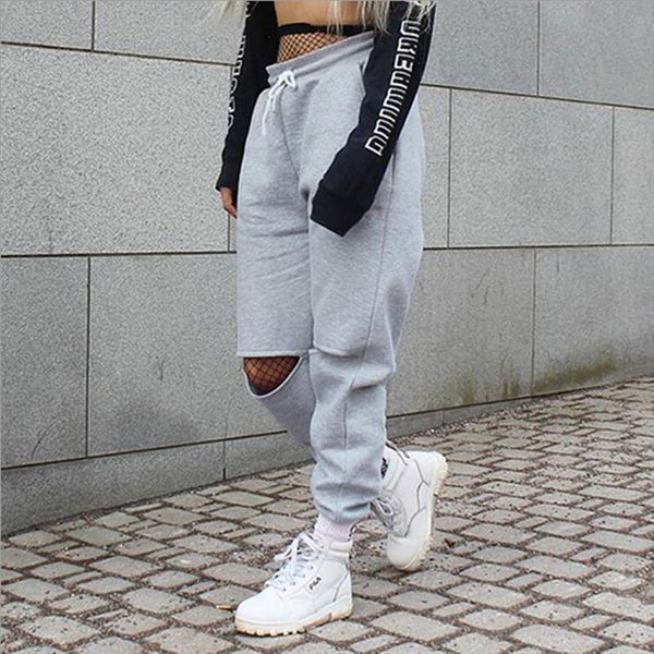 

harajuku casual hip hop pants women hippie harem trousers sweatpants open knees ripped sweat pants loose autumn streetwear, Black;white