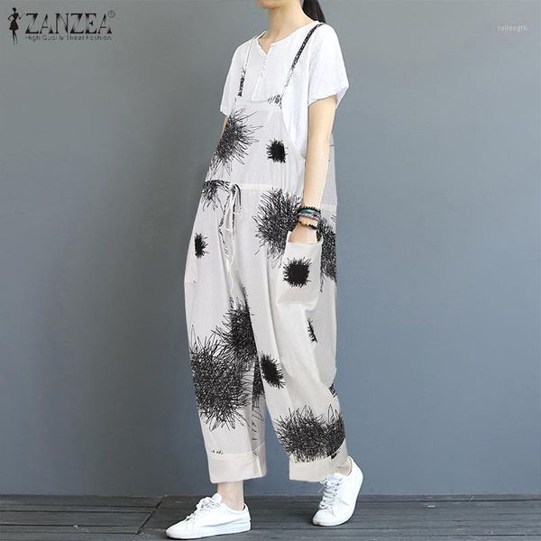 

women printed jumpsuits zanzea 2020 retro cotton long suspender overalls wide leg pants rompers playsuits combinaison long mono1, Black;white