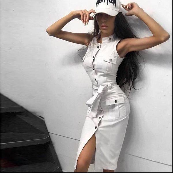 

pockets summer sleeveless sashes party dress ladies rivet stand collar straight knee dress 2021 split slim vestidos, Black;gray