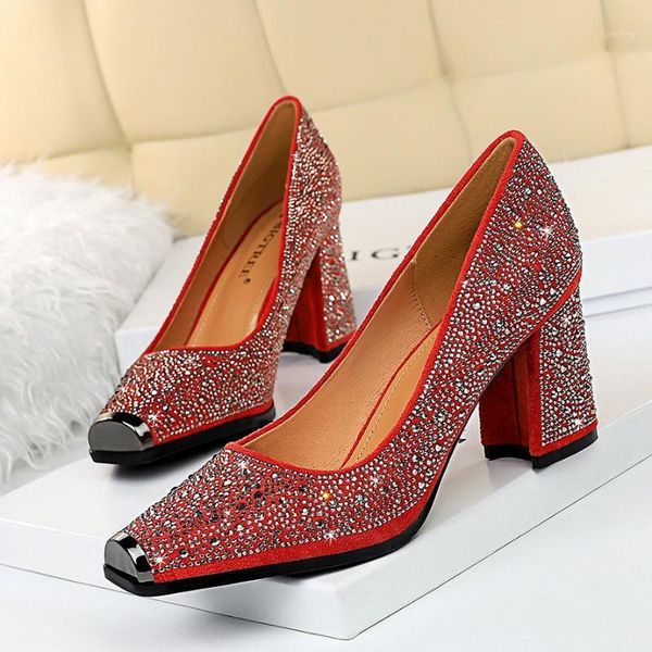 

2020 spring crystal chunky 8cm high heels pumps women square toe bling rhinestone gold high heels party wedding luxury shoes1, Black