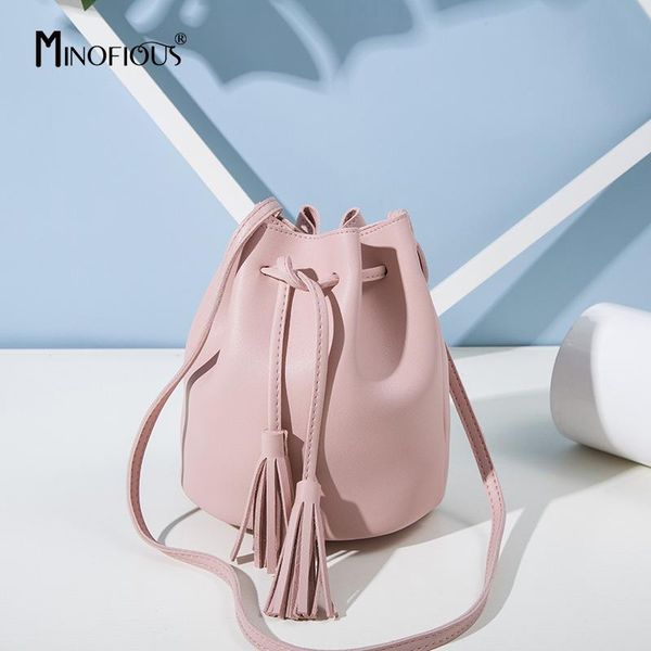

minofious brand women tassel bucket shoulder bag fashion casual pu leather messenger bags solid small sweet crossbody bag