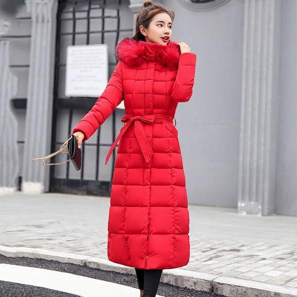 

2021 newx-long slim winter women warm jacket hooded thick with sashes fur collar mujer coats office ladies giubbotto donna tat9, Black