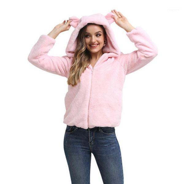 

elegant pink shaggy women faux fur coat streetwear autumn winter warm casual hooded female overcoat party1, Black