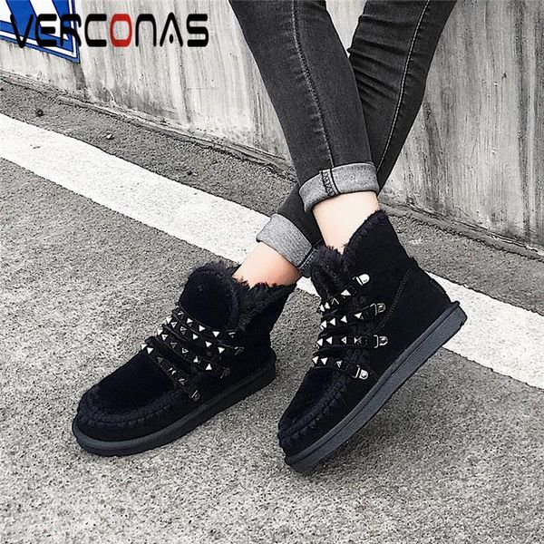 

verconas fashion concise rivets snow boots ankle boots for women platforms low heels shoes woman autumn winter warm casual, Black