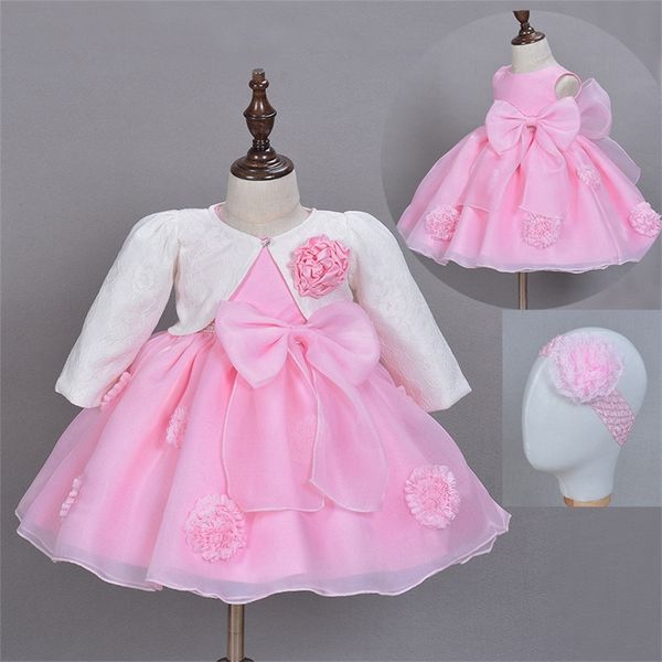 Set baby girl bartism платье pageant pagess princess свадьба крещений платья детские детки платье с головной лентой куртка шаль lj201221