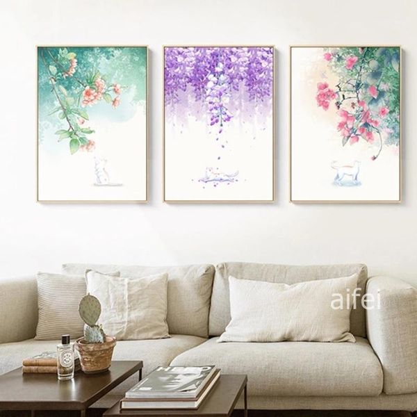 

paintings modern nordic style cute flower and cat canvas panintng hd home decor wall pictures for living room art posters prints1