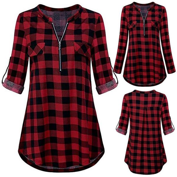 

женская мода блуза chemisier femme zip плед v шеи длинным рукавом повседневная рубашка блузка top tapados mujer verano blusen женщины, White