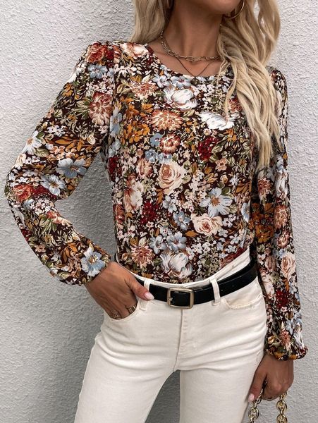 

floral print bishop sleeve blouse x5mb#, White