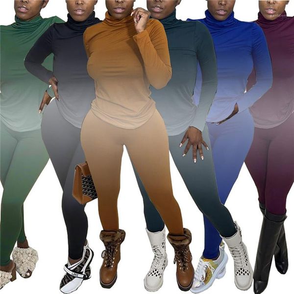 

tracksuits fashion turtle neck long sleeve long pants womens 2pcs sets casual females clothing gradient womens designer, Gray
