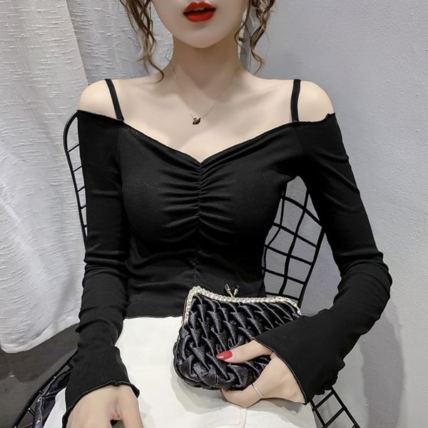 

kklkp 2020 autumn new korean version small pleated one coat t-shirt letter collarshoulder fairy sleeve hyfun long lady t-shirt, White