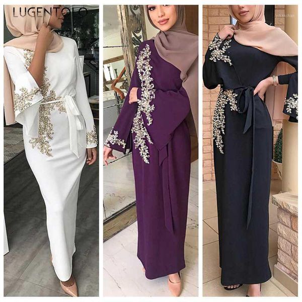 

lugentolo women long dress fashion muslim arab pearl dresses dinner party plus size loose casual elegant female maxi dress1, Black;gray
