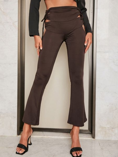 

glamaker high waist cut out lace up side flare leg pants c2e3#, Black;white