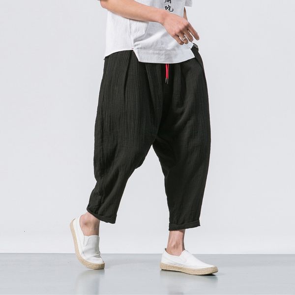 

2021 spring new cotton calf length harem pants chinese style traditional linen embroidered trousers yiko, Black