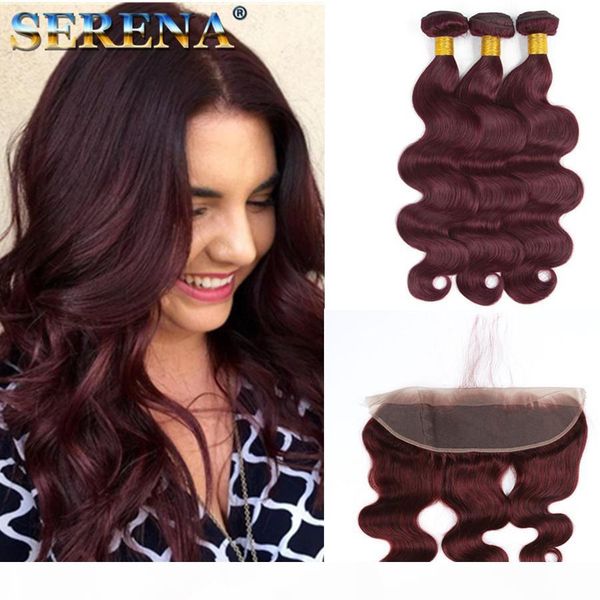 

99j body wave hair with 13x4 lace frontal closure burgundy brazilian human hair bundles with ear to ear frontal closure wine red wavy hair, Black;brown