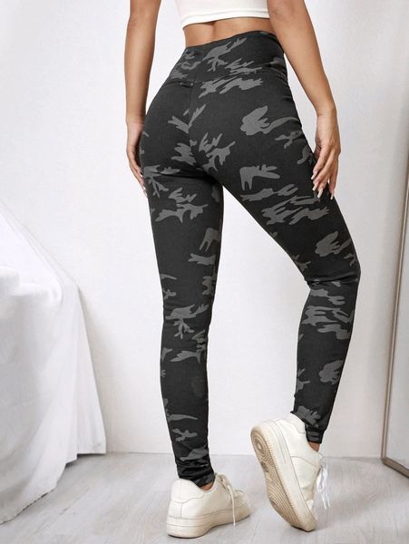 

camo print wide waistband jeans v6z8#, Blue