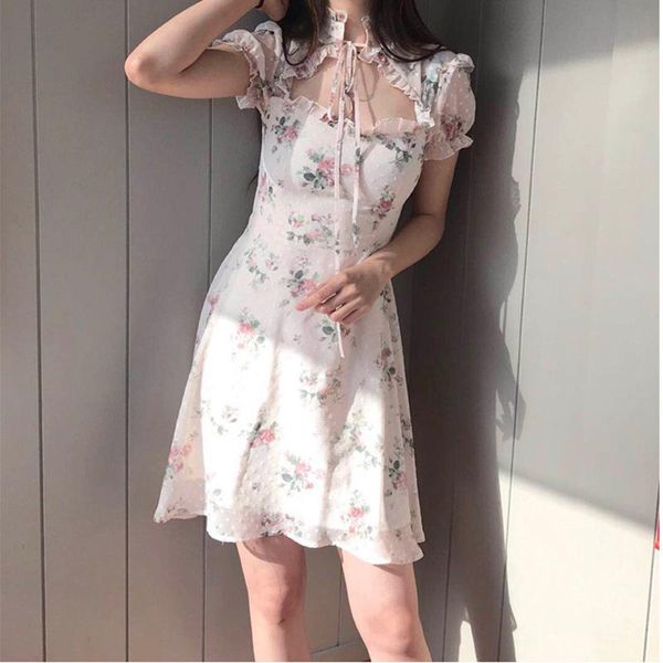 

summer vintage elegant floral dress women hollow out slim short sleeve chiffon dress for sweet girls pink blue, White;black