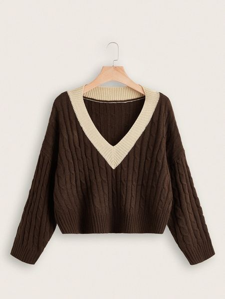 

plus contrast trim drop shoulder sweater d7ub#, Black