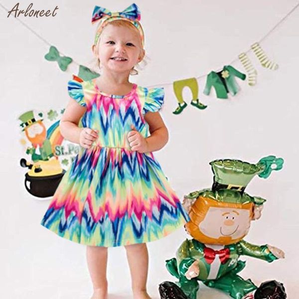 

new toddler kids baby girls ruffles rainbow princess casual tie-dyed dress outfits clothes casual dresses party dress fashion1, Red;yellow