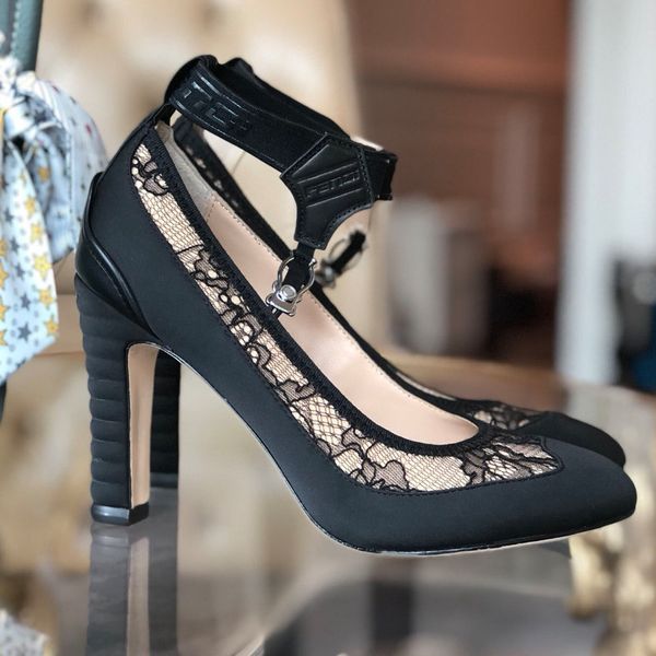

womens fashion leather round head high heel womens single shoe lace with thin heel button original packing box size 35-41, Black