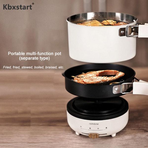 

electric skillets kbxstart 220v portable multi-function pot travel split frying pan stainless steel non-stick 1.2l folding small