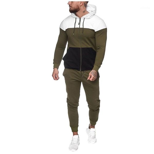 

gym clothing mens autumn splicing training set zipper exercise sets print sweatshirt pants tracksuit sport suit#41, White;black