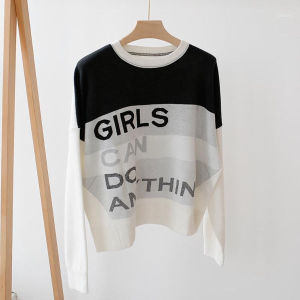 

women sweater 2020 autumn / winter contrast color letter sweater women's loose fashion short1, White;black