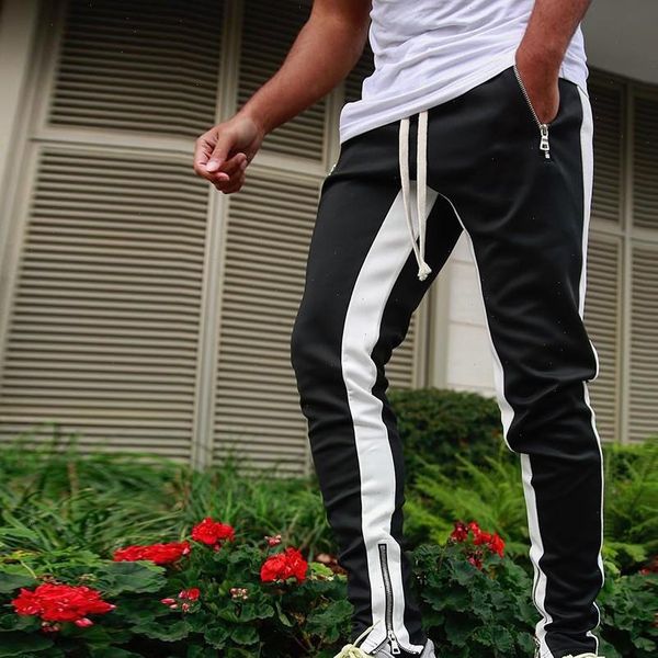

2020 joggers men leg zipper solid color remote leisure pants fashionable sports pants white black patchwork sweatspants