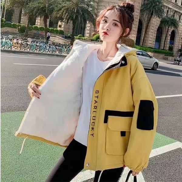 

autumn and winter new korean version of loose thick imitation lamb velvet jacket women's hooded overalls cotton-padded clothes1, Black;brown