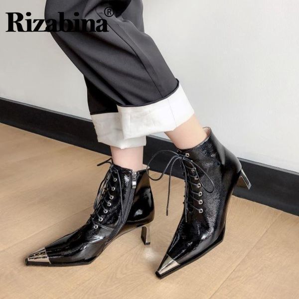 

rizabina ankle boots for women real leather pointed toe high heels shoes zipper cross strap fashion women footwear size 33-401, Black