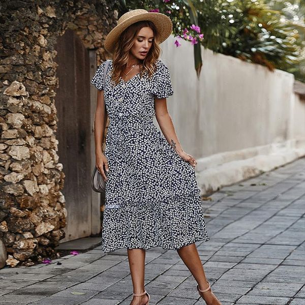 

plus size 2021 summer women holiday dress button bohemian print dresses dots short floral dress drop shipping, Black;gray