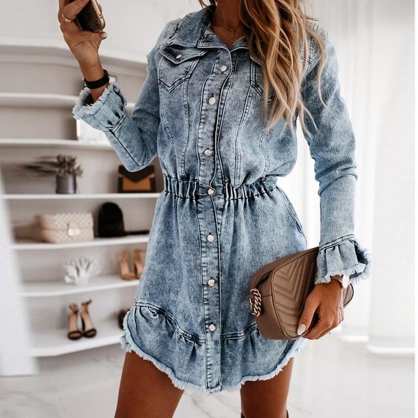 

women autumn winter retro long sleeve buttoned denim dress solid color cowboy dress ladies vintage dresses y0118, Black;gray