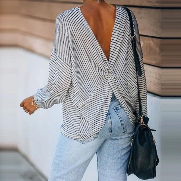 

fashion striped backless blouse shirt loose casual autumn winter ladies female women long sleeve blusas pullover, White