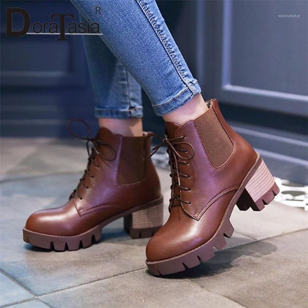 

doratasia new big size 33-43 female ankle boots 2020 fashion daily boots women platform cross tied square high heels shoes woman1, Black