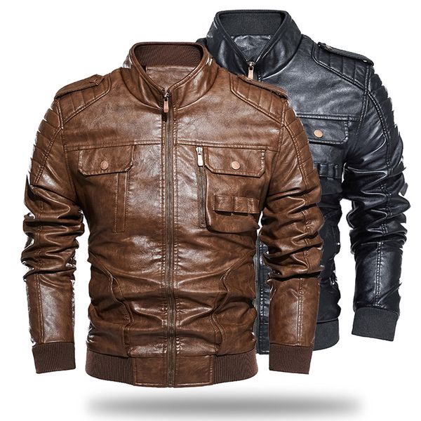 

leather jacket men motocycle 2020 brand new winter jackets coats mens faux leather stand collar jacket male fleece lined coat, Black